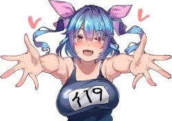 Rule 34 | 1girl, :d, blue hair, blush, breasts, fangs, flower-shaped pupils, hair ribbon, heart, i-19 (kancolle), kantai collection, large breasts, long hair, looking at viewer, open mouth, outstretched arms, reaching, reaching towards viewer, red eyes, ribbon, satsuki neko, simple background, smile, solo, swimsuit, symbol-shaped pupils, twintails, upper body, white background
