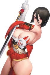 Rule 34 | 1girl, absurdres, areola slip, armpits, bandaged arm, bandages, bare shoulders, black hair, bob cut, breast hold, breasts, cleavage, clothing cutout, covered erect nipples, detached sleeves, fox mask, hair between eyes, highres, holding, holding mask, holding sword, holding weapon, jam (nandade), japanese clothes, kunoichi kaen, large breasts, last origin, leg cutout, looking at viewer, mask, mole, mole on breast, off shoulder, parted lips, red eyes, red sleeves, revealing clothes, sash, short hair, sideboob, simple background, solo, sword, weapon, white background