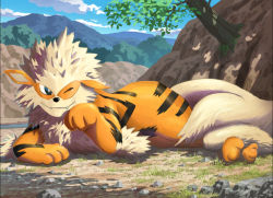 Rule 34 | arcanine, black eyes, bright pupils, closed mouth, cloud, commentary request, creatures (company), day, fangs, fangs out, game freak, gen 1 pokemon, grass, illustration room nagi, lying, mountain, nintendo, no humans, one eye closed, outdoors, pokemon, pokemon (creature), rock, sky, smile, solo, white pupils