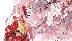 Rule 34 | 1girl, assassins (yxuk8877), back bow, bow, candy apple, cherry blossom print, darling in the franxx, floating hair, floral print, flower, food, from behind, hair flower, hair ornament, highres, holding, holding food, horns, japanese clothes, kimono, long hair, long sleeves, looking at viewer, pink flower, pink hair, print kimono, red flower, red kimono, solo, standing, very long hair, yellow bow, yukata, zero two (darling in the franxx)