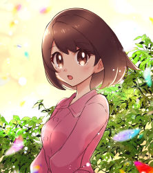 Rule 34 | 1girl, blurry, blush, bob cut, brown eyes, brown hair, buttons, collared dress, commentary request, creatures (company), day, dress, eyelashes, game freak, gloria (pokemon), haru (haruxxe), leaf, nintendo, open mouth, outdoors, pink dress, plant, pokemon, pokemon adventures, short hair, solo, tongue, upper body