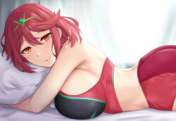 Rule 34 | 1girl, ass, bed, black sports bra, blurry, blurry background, breasts, buruma, circlet, closed mouth, earrings, highres, hugging object, indoors, jewelry, large breasts, looking at viewer, lying, medium hair, on stomach, pillow, pyra (xenoblade), red buruma, red eyes, red hair, red sports bra, sideboob, smile, solo, sports bra, swept bangs, two-tone sports bra, xenoblade chronicles (series), xenoblade chronicles 2, zatma0041