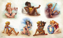 Rule 34 | 5girls, aged down, anklet, armlet, bangle, barefoot, bikini, black hair, blush, bracelet, braid, breasts, brown hair, child, cleavage, coconut, dark-skinned female, dark skin, drink, drinking straw, embarrassed, feet, fruit cup, hair censor, highres, hilda framith, innertube, jewelry, les chevaucheurs, long hair, maxa&#039;, mother and daughter, multiple girls, one-piece swimsuit, phenice walholl, red hair, rysa, sekhma, short hair, shorts, soles, swim ring, swimsuit, tild - mage a louer, tild framith, toe ring, toes, topless, twin braids