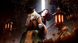 Rule 34 | 1girl, armchair, black hat, blonde hair, chair, closed mouth, commentary request, constellation print, detached sleeves, drum, floating, floating object, flower, gate, green skirt, hat, instrument, leaning forward, light smile, long hair, long sleeves, looking at viewer, matara okina, parted bangs, plant, ryosios, shirt, sitting, skirt, solo, stairs, stone lantern, tabard, touhou, tsuzumi, white shirt, wide sleeves, yellow eyes, yellow flower