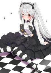 Rule 34 | 10s, 1girl, alternate costume, amatsukaze (kancolle), black dress, blush, boko (girls und panzer), checkered floor, commentary request, cosplay, dress, embarrassed, eyebrows, full body, girls und panzer, hair between eyes, kantai collection, long hair, long sleeves, nezumi doshi, pantyhose, revision, shimada arisu, shimada arisu (cosplay), silver hair, simple background, sitting, solo, striped clothes, striped pantyhose, stuffed animal, stuffed toy, teddy bear, twintails, two side up, white background