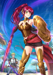 Rule 34 | 1boy, 1girl, adsouto, armor, asymmetrical sleeves, bare shoulders, blonde hair, boots, breastplate, breasts, choker, cleavage, corset, gloves, green eyes, high heel boots, high heels, highres, holding, holding shield, holding sword, holding weapon, jaune arc, leg armor, long hair, ponytail, pyrrha nikos, red hair, rwby, shield, short hair, sword, thighhighs, thighs, uneven sleeves, weapon