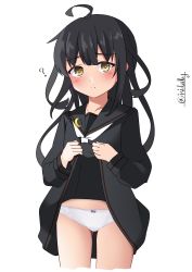 Rule 34 | 1girl, ?, ahoge, black hair, black sailor collar, black serafuku, black shirt, black skirt, blush, cowboy shot, crescent, crescent pin, highres, ishida arata, kantai collection, lifted by self, long hair, looking at viewer, mikazuki (kancolle), necktie, panties, sailor collar, school uniform, serafuku, shirt, simple background, skirt, solo, twitter username, underwear, white background, white necktie, white panties