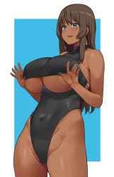 Rule 34 | 1girl, :d, absurdres, bare shoulders, blue eyes, blush, breasts, brown hair, covered navel, dark-skinned female, dark skin, fang, groin, hai ookami, highleg, highleg leotard, highres, large breasts, leotard, long hair, looking at viewer, open mouth, original, skin tight, smile, solo, underboob