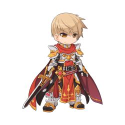 Rule 34 | 1boy, armor, armored boots, black gloves, black pants, black shirt, blonde hair, boots, breastplate, cape, chibi, closed mouth, cross, full body, gauntlets, glint, gloves, hair between eyes, hand on own hip, holding, holding sword, holding weapon, looking at viewer, male focus, medium bangs, official alternate costume, official art, orange eyes, pants, pauldrons, ragnarok online, red cape, rune knight (ragnarok online), shirt, short hair, shoulder armor, simple background, smile, solo, standing, sword, tabard, tachi-e, transparent background, weapon, yuichirou