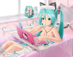 Rule 34 | 00s, 2girls, animal ears, aqua eyes, aqua hair, aqua nails, bath, bathing, bathroom, bathtub, blush, breasts, cat ears, computer, digital media player, drink, drinking, earphones, eyes visible through hair, fanning, food, hachune miku, hatsune miku, hello kitty, indoors, kazu-chan, laptop, long hair, massage, matching hair/eyes, multiple girls, nail polish, nipples, nude, nude in front of computer, open mouth, partially submerged, popsicle, reflection, sanrio, sitting, small breasts, towel, towel on head, twintails, vocaloid, water, window