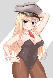 Rule 34 | 1girl, alternate costume, arm behind head, bare shoulders, bismarck (kancolle), black leotard, blonde hair, blue eyes, blush, breasts, brown pantyhose, cleavage, detached collar, grey background, hair between eyes, hand on own thigh, hand on thigh, hat, highres, kantai collection, leotard, long hair, looking at viewer, medium breasts, military hat, necktie, pantyhose, peaked cap, playboy bunny, red necktie, shirou (amato shirou), solo, strapless, strapless leotard, two-tone background, white background