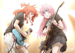Rule 34 | artist logo, black shirt, black skirt, blue eyes, bocchi the rock!, closed eyes, closed mouth, commentary, cube hair ornament, dated, electric guitar, gotoh hitori, guitar, hair ornament, highres, holding, holding instrument, instrument, kita ikuyo, leaning forward, light particles, long hair, medium hair, miniskirt, music, one side up, open mouth, pink hair, playing instrument, pleated skirt, print shirt, red hair, satou yasu, shirt, short sleeves, signature, skirt, smile, t-shirt, white skirt