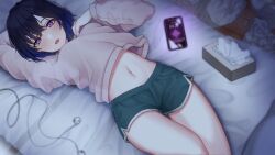 Rule 34 | 1girl, bed, black hair, blue hair, cellphone, colored inner hair, dolphin shorts, earphones, highres, ichinose uruha, looking at viewer, lying, midriff, multicolored hair, navel, on back, open mouth, phone, short hair, shorts, smartphone, solo, sweater, tissue box, touki (tsuitta), virtual youtuber, vspo!