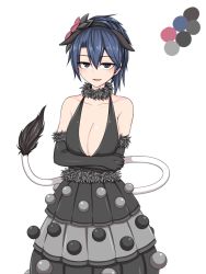 Rule 34 | 1girl, adapted costume, animal ears, bare shoulders, black dress, blue eyes, blue hair, blush, breast hold, breasts, cleavage, collarbone, cowboy shot, crossed arms, doremy sweet, dress, flower, fur trim, hair flower, hair ornament, hairband, kuroba rapid, large breasts, layered dress, looking at viewer, matching hair/eyes, parted lips, pom pom (cheerleading), short hair, smile, smug, solo, tail, tapir ears, tapir tail, touhou, white background