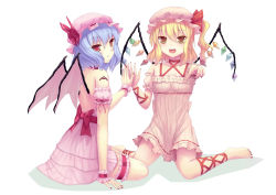 Rule 34 | 2girls, :d, absurdres, arm cuffs, arm support, bare shoulders, bat wings, blush, bow, dress, flandre scarlet, foreshortening, hat, hat ribbon, highres, bridal garter, leg ribbon, looking at viewer, mob cap, multicolored wings, multiple girls, nail polish, open mouth, pink dress, pointing, pointing at viewer, red bow, red nails, remilia scarlet, ribbon, short hair, siblings, side ponytail, sisters, smile, sonikey0 0, tattoo, thigh strap, touhou, white background, wings, wrist cuffs