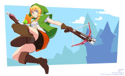 Rule 34 | 1girl, arrow (projectile), bike shorts, black shorts, blue eyes, boots, bow (weapon), braid, brown footwear, brown gloves, cloud, commentary, compass, crossbow, dual wielding, english commentary, gloves, highres, holding, hood, hood up, hyrule warriors, letitmelo, linkle, medium hair, mouth hold, nintendo, red skirt, shorts, skirt, solo, the legend of zelda, twin braids, weapon