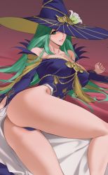 Rule 34 | 1girl, ass, bare shoulders, blue dress, blue hat, blush, breasts, cleavage, close-up, costume, dress, female focus, fire emblem, fire emblem: three houses, fire emblem heroes, flower, green eyes, green hair, halloween, halloween costume, hat, hat flower, highres, large breasts, legs, long hair, looking at viewer, lying, matching hair/eyes, nintendo, official alternate costume, parted bangs, partially visible vulva, rhea (fire emblem), sendo (sendrawz), smile, solo, witch hat