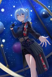 Rule 34 | 1girl, absurdres, belt, black belt, black shirt, black shorts, black skirt, blue eyes, blue hair, blue theme, ear piercing, floral print, gloves, grin, high ponytail, highres, holding, holding microphone, hololive, hoshimachi suisei, hoshimachi suisei (shout in crisis), long sleeves, microphone, night, night sky, official alternate costume, official alternate hairstyle, open hand, parted lips, piercing, planet, revision, rose print, shirt, short shorts, shorts, single glove, skirt, sky, smile, solo, star (symbol), star in eye, symbol in eye, tokiyanagi, virtual youtuber