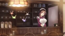 Rule 34 | 1girl, absurdres, amatsutsumi, apron, black hair, blush, breasts, cafe, cup, frilled apron, frills, fumimaru, glasses, highres, indoors, japanese clothes, kimono, lamp, large breasts, long hair, looking at viewer, maid, maid apron, maid headdress, open mouth, oribe azuki, origami, paper crane, phone, plate, red eyes, red kimono, shelf, signature, solo, table, teacup, wa maid, white apron