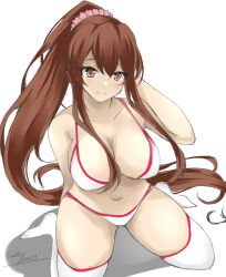 Rule 34 | 1girl, bikini, breasts, brown eyes, brown hair, cleavage, flower, gakky, hair flower, hair ornament, kantai collection, kneeling, large breasts, long hair, one-hour drawing challenge, ponytail, simple background, solo, swimsuit, thighhighs, white background, white bikini, white thighhighs, yamato (kancolle)