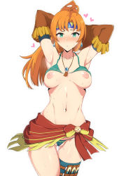 Rule 34 | 1girl, ahoge, aqua bikini, aqua eyes, arm warmers, armpits, arms behind head, bikini, bikini top lift, bikini top only, blush, breasts, breasts out, cleft of venus, clothes lift, collarbone, commentary, cowboy shot, falcom, gluteal fold, headband, heart, holster, jewelry, karna (ys), large pasta, long hair, looking at viewer, medium breasts, midriff, navel, necklace, nipples, orange hair, parted bangs, partially visible vulva, pendant, ponytail, pussy juice, pussy juice trail, simple background, solo, sweat, swimsuit, thigh gap, thigh holster, thigh strap, white background, ys, ys memories of celceta