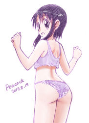 Rule 34 | 1girl, ass, azumanga daiou, back, black eyes, black hair, blush, bra, commentary request, cowboy shot, dated, frilled bra, frilled panties, frills, from behind, graphite (medium), hands up, kurosawa minamo, lingerie, looking back, open mouth, panties, pantyshot, peacock (p-location), short hair, sidelocks, signature, simple background, solo, standing, traditional media, underwear, wedgie, white background