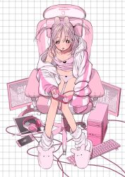 1girl absurdres cable candy chair computer computer_keyboard controller food full_body game_controller gaming_chair headphones highres jacket lollipop looking_at_viewer loose_socks medium_hair monitor multiple_monitors open_clothes open_jacket open_mouth original panties phone pink_eyes pink_hair pink_shirt shirt sitting socks solo swivel_chair tablet_pc two_side_up underwear wata_kinoshi