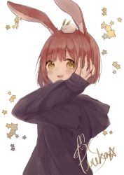 Rule 34 | 1girl, :d, animal ear fluff, animal ears, black hoodie, blush, brown eyes, brown hair, brown nails, commentary request, hand in own hair, hand up, hood, hood down, hoodie, long sleeves, nail polish, on head, open mouth, original, rabbit ears, shano-pirika, short hair, signature, simple background, sleeves past wrists, smile, snow rabbit, solo, star (symbol), starry background, teeth, upper teeth only, white background