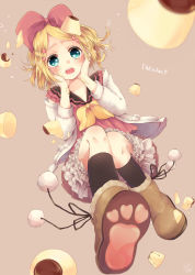 Rule 34 | 1girl, blonde hair, blue eyes, blush, boots, bow, dress, english text, engrish text, food, hair bow, hair ornament, hairclip, hands on own cheeks, hands on own face, heart, heart-shaped pupils, highres, hina, kagamine rin, kneehighs, patterned legwear, paw shoes, polka dot, polka dot legwear, pom pom (clothes), pudding, ranguage, shiki hinako, shoes, short hair, socks, solo, symbol-shaped pupils, vocaloid