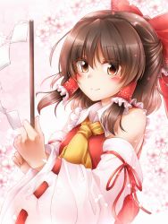 Rule 34 | 1girl, bare shoulders, blush, bow, breasts, brown eyes, brown hair, closed mouth, collar, detached sleeves, dress, eyes visible through hair, floral background, flower, frills, gohei, hair between eyes, hair tubes, hakurei reimu, hands up, highres, long sleeves, looking at viewer, marukyuu ameya, petals, pink background, pink flower, red bow, red dress, short hair, small breasts, smile, solo, touhou, white collar, white flower, white sleeves, yellow neckwear
