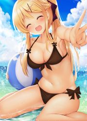 Rule 34 | 1girl, :d, ^ ^, armpits, ball, bare arms, bare shoulders, beachball, bikini, black bikini, blonde hair, blue sky, blush, braid, breasts, cleavage, closed eyes, cloud, cloudy sky, collarbone, commentary request, day, facing viewer, groin, hair ornament, hairclip, highres, holding, holding ball, horizon, kin-iro mosaic, kujou karen, large breasts, long hair, minato ojitan, navel, ocean, open mouth, outdoors, outstretched arm, ponytail, shallow water, sitting, sky, smile, solo, swimsuit, v, very long hair, wariza, water, x hair ornament