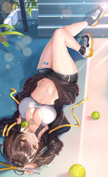 Rule 34 | 1girl, absurdres, azur lane, ball, baltimore (azur lane), baltimore (black ace) (azur lane), bandaid, bandaid on leg, black jacket, black shorts, blush, breasts, brown hair, chest tattoo, cleavage, highres, holding, holding racket, jacket, large breasts, legs, long sleeves, looking at viewer, navel, racket, shanguier, short hair, shorts, solo, sports bra, sportswear, tattoo, tennis ball, tennis racket, tennis uniform, upside-down, white sports bra, yellow eyes