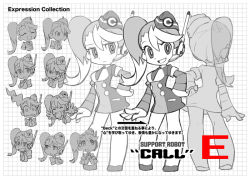 Rule 34 | 1girl, call (mighty no. 9), call e, character sheet, concept art, contrapposto, dress, expressionless, expressions, fringe trim, garrison cap, greyscale, hand on own hip, hat, headset, ishikawa hideki, long hair, mighty no. 9, monochrome, necktie, short dress, side ponytail, solo, standing