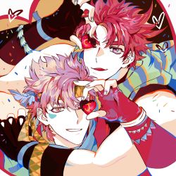 Rule 34 | alternate hairstyle, battle tendency, caesar anthonio zeppeli, candy, chocolate, chocolate heart, covering one eye, feather hair ornament, feathers, fingerless gloves, food, gloves, hair ornament, heart, highres, holding, holding heart, jojo no kimyou na bouken, joseph joestar, joseph joestar (young), nail polish, nigelungdayo, purple hair, red hair, scarf, spiked hair, striped clothes, striped scarf, triangle print