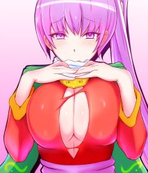 Rule 34 | arc the lad, blush, breasts, cleavage, embarrassed, flugel127, hands on breasts, highres, japanese clothes, jewelry, kukuru (arc the lad), large breasts, long hair, necklace, paizuri invitation, ponytail, purple eyes, purple hair, sash, scarf, torn clothes, wide sleeves