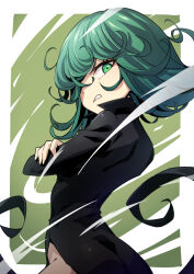 Rule 34 | 1girl, black dress, commentary, curly hair, dress, green background, green eyes, green hair, heebee, long hair, long sleeves, looking at viewer, one-punch man, short hair, solo, tatsumaki, two-tone background, white background