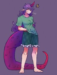 Rule 34 | +++, 1girl, barefoot, belt, brown belt, green shirt, green shorts, hand under clothes, hand under shirt, highres, horns, long hair, long tail, making-of available, otaeriaaoba, pointy ears, puff of air, purple hair, purple horns, purple tail, red eyes, shirt, shorts, simple background, single horn, smile, solo, standing, tail, tenkajin chiyari, touhou, watermark