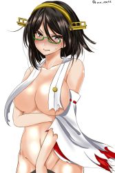 Rule 34 | 10s, 1girl, ar (lover boy), bare shoulders, black eyes, black hair, blush, breast curtains, breasts, closed mouth, collarbone, covering privates, covering breasts, covering crotch, cowboy shot, detached sleeves, embarrassed, glasses, green-framed eyewear, groin, hairband, headgear, highres, kantai collection, kirishima (kancolle), large breasts, long sleeves, looking at viewer, navel, no panties, nontraditional miko, nose blush, semi-rimless eyewear, short hair, sideboob, solo, stomach, sweat, swept bangs, torn clothes, torn sleeves, twitter username, under-rim eyewear, underboob, white background, wide sleeves
