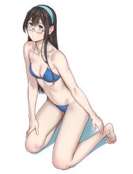 Rule 34 | 1girl, aqua eyes, aqua hairband, bare arms, bare legs, bare shoulders, barefoot, bikini, black-framed eyewear, black hair, blue bikini, breasts, closed mouth, collarbone, full body, glasses, hair between eyes, hairband, highres, kantai collection, long hair, navel, ooyodo (kancolle), simple background, small breasts, solo, swimsuit, toes, white background, yuuji (and)