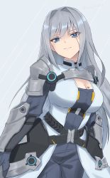 Rule 34 | 1girl, absurdres, armor, blue eyes, breasts, cleavage, cleavage cutout, clothing cutout, ethel (xenoblade), fukai asase, grey background, highres, large breasts, long hair, shoulder armor, simple background, smile, solo, very long hair, xenoblade chronicles (series), xenoblade chronicles 3