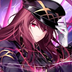 Rule 34 | 1girl, ascot, black ascot, black hat, black jacket, blurry, blurry background, closed mouth, depth of field, fate/grand order, fate (series), floating hair, gloves, hair between eyes, hand on headwear, hand up, hat, jacket, kousaki rui, long hair, long sleeves, looking at viewer, peaked cap, pinky out, red eyes, red hair, scathach (fate), solo, white gloves