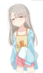 Rule 34 | 1girl, blue jacket, blush stickers, braid, braided bangs, brown camisole, camisole, carrying, carrying under arm, closed eyes, closed mouth, clothes writing, collarbone, cropped legs, english text, facing viewer, grey hair, highres, hisakawa hayate, hood, hood down, hooded jacket, idolmaster, idolmaster cinderella girls, idolmaster cinderella girls starlight stage, jacket, long hair, long sleeves, off shoulder, open clothes, open jacket, pillow, pink shorts, shiwa (siwaa0419), short shorts, shorts, simple background, sleeves past wrists, solo, very long hair, white background