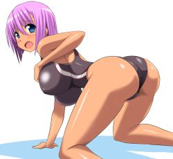 Rule 34 | 1girl, :o, all fours, ass, bare shoulders, blue eyes, blush, breasts, competition swimsuit, dark-skinned female, dark skin, highres, huge breasts, konno tohiro, looking back, one-piece swimsuit, purple hair, shadow, shiny skin, short hair, simple background, solo, swimsuit, tan, thighs, white background