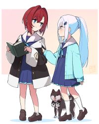 Rule 34 | 2girls, aged down, ange katrina, animalization, blue eyes, book, braid, cardigan, clothes grab, dog, dress, eye contact, hair ornament, hairclip, highres, inui toko, lize helesta, loafers, long hair, looking at another, multiple girls, nijisanji, open book, pigeon-toed, ponytail, profile, red hair, rkrk, sailor dress, shoes, short hair, sidelocks, simple background, sleeve grab, sleeves past wrists, smile, socks, standing, virtual youtuber, white hair, white legwear