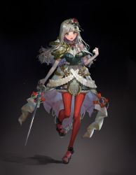 Rule 34 | 1girl, armor, black footwear, bow, detached sleeves, dress, earrings, gloves, hair ornament, highres, holding, holding sword, holding weapon, jewelry, long hair, ogimotozukin, open mouth, original, pauldrons, red legwear, shoulder armor, grey eyes, silver hair, smile, solo, sword, weapon, white gloves