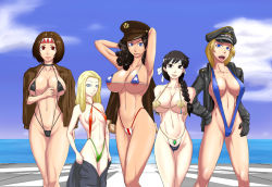 Rule 34 | 5girls, :d, age difference, alice herring, american flag bikini, areola slip, armpits, arms behind back, arms behind head, arms up, bikini, bikini under clothes, black eyes, black gloves, black hair, blonde hair, blue eyes, bomber jacket, braid, breasts, cameltoe, choker, cindy volton, cleavage, clenched hand, cloud, collarbone, cosplay, covered erect nipples, criss-cross halter, day, dead or alive, dead or alive xtreme, female focus, flag print, fur trim, gloves, godfather bikini, grin, groin, hair over shoulder, halterneck, hand on own hip, hat, headband, highleg, highleg bikini, highleg swimsuit, hip focus, jacket, jacket on shoulders, jewelry, large breasts, lean beirer, leather, leather jacket, legs apart, light smile, lineup, long hair, looking at viewer, micro bikini, midriff, mikami ai, mikami ai (strikers 1945), military, military uniform, ml, multiple girls, navel, ocean, open clothes, open jacket, open mouth, outdoors, peaked cap, pretzel bikini, red eyes, shell, shell bikini, ship, short hair, sideboob, single braid, skinny, sky, slingshot swimsuit, small breasts, smile, strikers 1945, string bikini, swimsuit, tan, thigh gap, thighs, tina prize, toned, underboob, undressing, uniform, venus bikini, water, watercraft, wavy hair