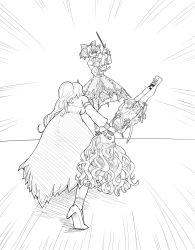 Rule 34 | 3girls, absurdres, anya melfissa, bow, breasts, commentary, double bun, dynamis (artist), emphasis lines, english commentary, from behind, greyscale, hair bow, hair bun, highres, holding, holding person, holding sword, holding weapon, hololive, hololive indonesia, huge bow, kureiji ollie, large breasts, long hair, long skirt, monochrome, multiple girls, open mouth, pavolia reine, shaded face, side ponytail, skirt, sword, virtual youtuber, wavy hair, weapon, wide-eyed, zombie