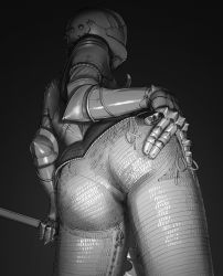 Rule 34 | 1girl, absurdres, armor, ass, axe, bad id, bad twitter id, black background, chainmail, covered face, cowboy shot, female knight, from below, full armor, gauntlets, gradient background, greyscale, hand on own ass, helm, helmet, highres, holding, holding axe, knight, monochrome, original, simple background, solo, wass nonnam