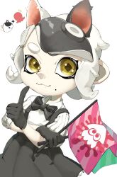 Rule 34 | 1girl, :3, a a2001214, black bow, black bowtie, black gloves, black hair, bow, bowtie, closed mouth, commentary request, cosplay, flag, gloves, highres, holding, holding flag, index finger raised, judd (splatoon), judd (splatoon) (cosplay), looking at viewer, mole, mole under mouth, multicolored hair, nintendo, octoling, octoling girl, octoling player character, pink flag, short hair, simple background, solo, splatoon (series), squid print, standing, tentacle hair, two-tone hair, upper body, white background, white hair, yellow eyes