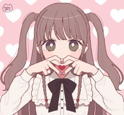 Rule 34 | 1girl, black bow, black bowtie, bow, bowtie, braid, bright pupils, brown eyes, brown hair, emma (kumaema), finger heart, frilled shirt, frills, heart, heart background, highres, jewelry, long hair, long sleeves, nail polish, original, patterned background, pink background, ring, shirt, signature, solo, twin braids, twintails, upper body, white pupils, white shirt